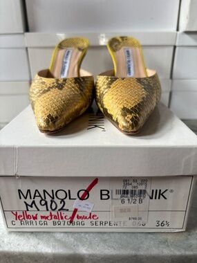 Manolo Blahnik yellow metallic snakeskin mule